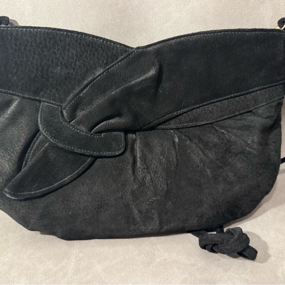 Vintage Black Suede Clutch Shoulder Bag Minimalist Soft Leather Feel - Picture 4 of 6